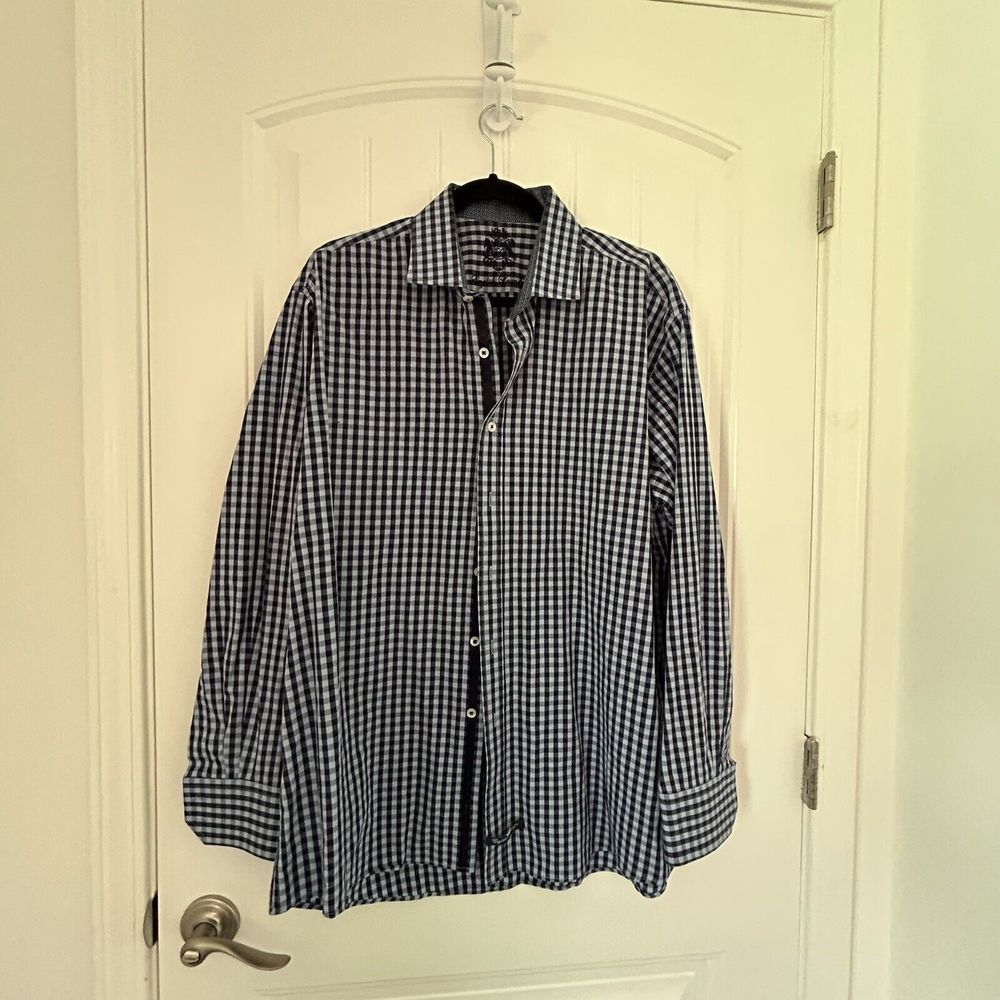 English Laundry Men French Cuff Spread Collar Blue Checkerd Dress Shirt 17 34/35